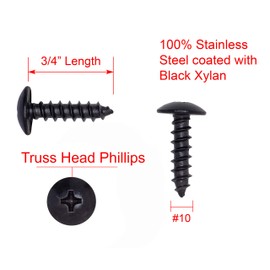 Bolt Dropper 10 X 3/4" Stainless Truss Head Phillips Wood Screw, (25 Pack), Black Xylan Coated 18-8 (304) Stainless Steel Screws Corrosion Resistant by Bolt Dropper
