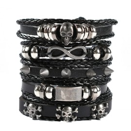 Tashce Pack of 5 Men's Leather Bracelets, Black, Braided, Adjustable, Punk