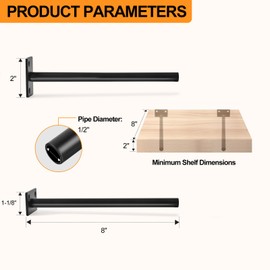 12 Pcs 8" Black Tube Steel Floating Shelf Bracket Blind Shelf Supports - Hidden Brackets for Floating Wood Shelves - Concealed Blind Shelf Support – Screws and Wall Plugs Included