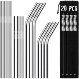AUNEK Stainless Steel Straws, Reusable, Set of 16 Metal Straws with 4 Cleaning Brushes Extra and Carry Bag, Environmentally Friendly Drinking Straws for Cocktail Party, Smoothie, Milkshake, 30/20 oz
