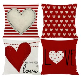 Mencly Valentines Day Pillow Covers 18 x 18 inch Set of 4 for Valentines Decor Red Stripes Love Heart Valentines Day Throw Pillows Holiday Decorative Cushion Cases Anniversary Wedding Decorations