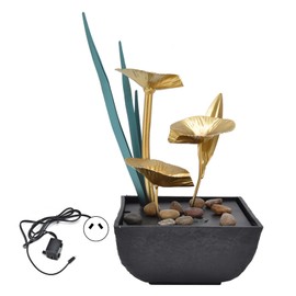 Indoor Tabletop Fountain Lotus LED Waterfall Fountain Ornament Feng Shui Art Craft Home DecorationAU Plug Yellow Light AC220‑240V