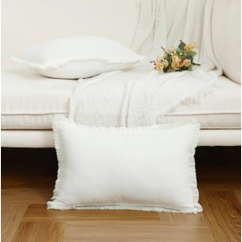LIGICKY Set of 2 White Fringe Cushion Covers with Tassels Cotton Boho Farmhouse Throw Pillow Cover Soft Square Cushion Cases for Sofa Bedroom Couch Party Décor, 12 x 20 inch