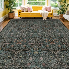 Vintage Dark Green Living Room Rug, 7x10 Washable Area Rugs for Dining Room Under Table, Bedroom, Oriental Low Pile Stain Resistant Non-Slip Thin Soft Carpet