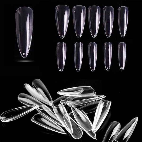 Nail Tips, Transparent Fake Nails, 500 Pieces, Long Artificial Nails, Full Cover, False Nails, Clear, Unmarked, Manicure, DIY Nails, Commercial Use, For Manicurist Practice, Plain, Transparent, Ultra Thin, Simple, Wedding, Party, 10 Different Sizes
