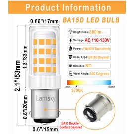 Lamsky LED BA15D Double Contact Bayonet Base 120 Volts 4W Led Light Bulb,T3/T4/C7/S6,Warm White 2700K,LED 40W Halogen Replacement Bulb,No-Dimmable(4-Pack)