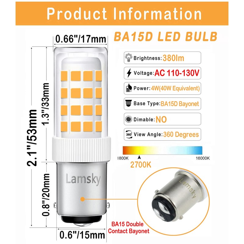 Lamsky LED BA15D Double Contact Bayonet Base 120 Volts 4W