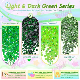 qiipii Green Resin Rhinestones for Crafting 3mm 4mm 5mm Flatback Fresh Green Emerald Green Jelly Stones Non-Hotfix Gems Diamonds Crystals Charms for Nails Eyes Face Makeup Tumblers Bottles DIY Crafts