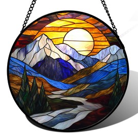 AMDERVEN Stained Glass Window Hanging, Yellow Blue Sunset Mountains Scenery Sun Catcher for Window Home Decor Landscape Suncatcher Mother's Day Birthday Gifts for Women Men Mom and Nana 9.8 in