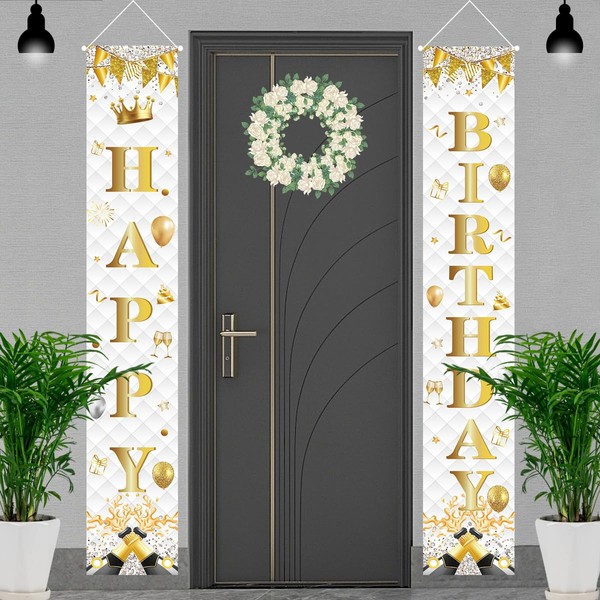 ASOONYUM 2Pcs Glitter Diamond Headboard Birthday Porch Sign Banner Champagne Birthday Welcome Banner White Adult Happy Birthday Party Banner Supplies Decorations