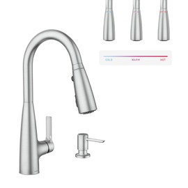 Moen Haelyn Spot Resist Stainless Single-Handle Pull-Down Sprayer Kitchen Faucet with an LED Light ColorCue Temperature Indicator and Soap Dispenser, 87627EISRS
