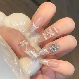 Prsess on Nails-Short Fake Nails Square Press-On Nails,Red Nail Designs Pearls False Nails Acrylic Nails Easy-On Nails Nail Art for Women