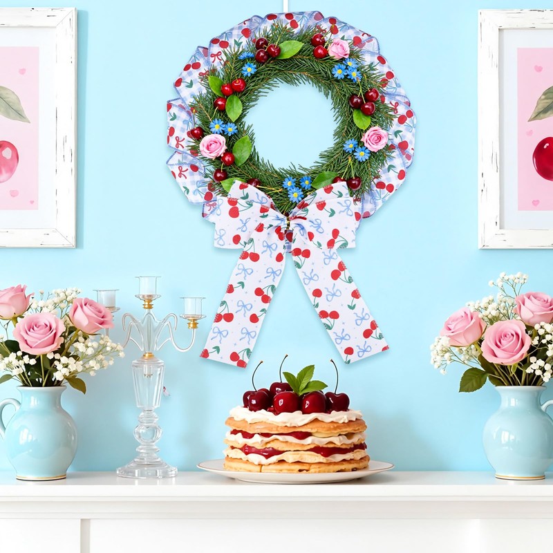 Diartpaint Cherry Bow Wired Edge Ribbons Blue 2 Rolls 10