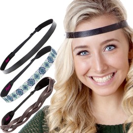 Hipsy Women's Adjustable No Slip Cute Fashion Headbands Braided Hairband Packs (3pk Braided/Aztec/Black Hippie Headbands)