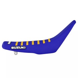 Enjoy MFG 1989-1992 SUZUKI RM 125 250 gripper seat cover  all BLUE w/YELLOW ribs #146 LOGO