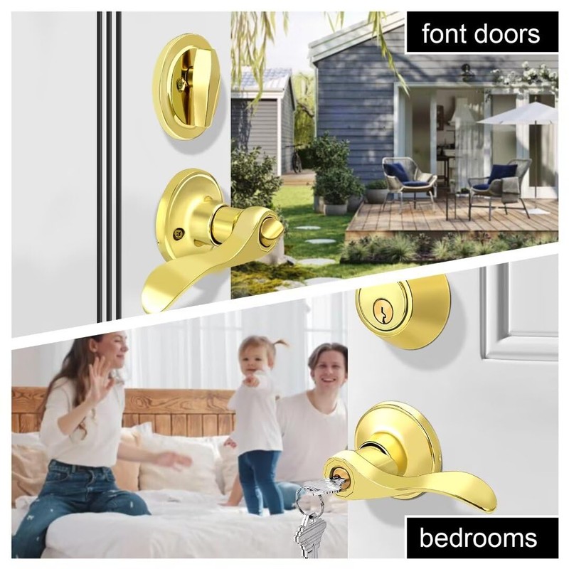 NIZADO 3 Pack Door Handle and Deadbolt Set Brass, Keyed