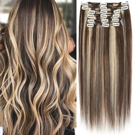 S-noilite Clip in Hair Extensions Human Hair Balayage Thick True Double Weft 100% Real Human Hair Full Head 8 Pieces 18 Clips Straight Silky (14 Inch - 120g,Medium Brown/Bleach Blonde (#04/613))