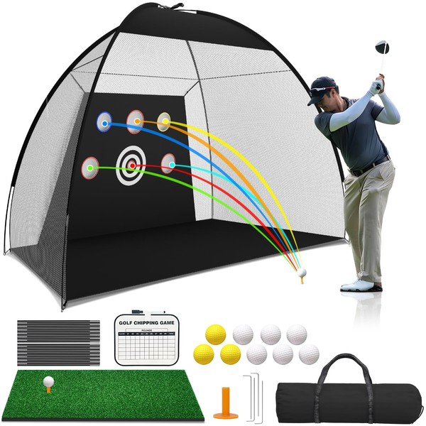 Golf Practice Net - Golf Hitting Nets for Backyard Driving or Indoor 10×7FT, All in One Golf Traning Chipping Net for Garage with Golf Mat, Golf Balls,Golf Target, Golf Tee, Carry Bag, Game Scoreboard