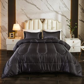 Bedding_Dreamer Silk Like Black Comforter Satin Comforter Set Queen Silky Microfiber Filling Down Alternative Comforter Luxury Silky Bed Comforter 1 Comforter 2 Pillowcases (Queen, Black)