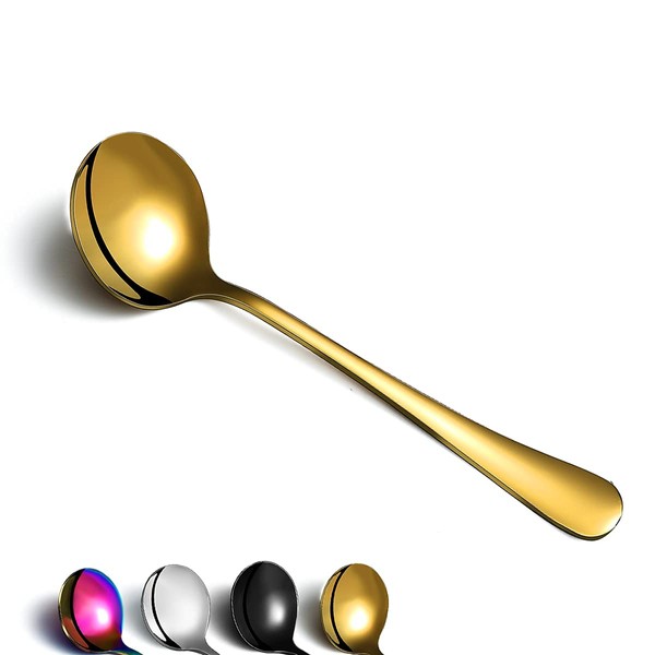 Berglander 6 pezzi Cucchiai da zuppa oro, posate a cucchiaio rotonde in acciaio inossidabile, cucchiaio da minestra classico in oro lucido, set di cucchiai da tavola lavabili in lavastoviglie.