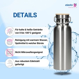 Stainless Steel Water Bottle 500 ml 'Cascada' - Double-Walled Insulated Bottle Keeps Drinks Cool for Hours - Leak-proof Bottle for Work, Sports & Hiking - Water Bottle with Handle, Colour: Silver
