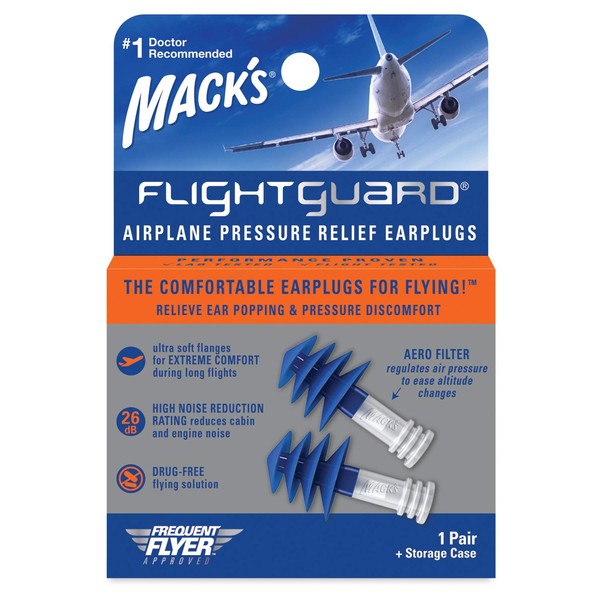 Mack’s Flightguard Airplane Pressure Relief Earplugs – 26dB NRR – Comfortable, Safe, Travel Ear Plugs