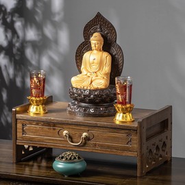 LINRUI Altar Table with Storage, Small Meditation Table, Natural Bamboo Puja Table with Drawer, Alter Cabinet for Witch Wiccan Buddhist Shrine Prayer Stand Riser Home Decor