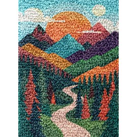 Sunset Mountain Tree Scene Latch Hook Rug Kit for Adults DIY Carpet Cushion with Printed Canvas Crochet Yarn Craft Hook and Latch Tapestry for Home Decor Pets Warm Pads 52x38cm