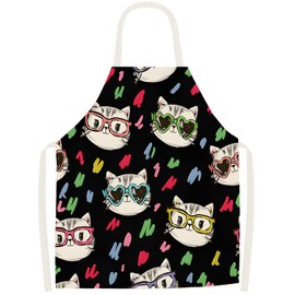 Novstuf Cooking Apron Cartoon Black White Cat Pattern Aprons Adjustable Cartoon Apron Made of Linen Waterproof Kitchen Apron for Men and Women Bib Apron for Home, Restaurant, Style 6, One size fits