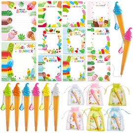 27 Sets Summer End of The Year Gifts Ice Cream Kawaii Notepads Pens with Colorful Organza Bags Hello Summer Luau Memo Pads Back to School Awards Gift for Kids Students School Office Daily Supplies