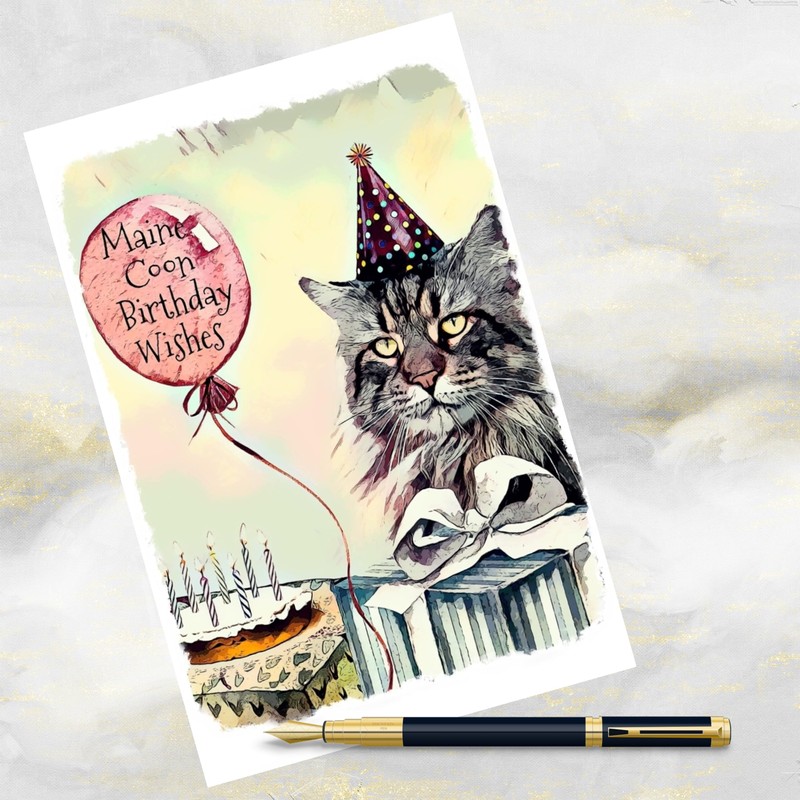 Maine Coon Cat Art Birthday Card