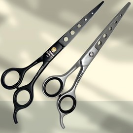 Premium Perforated Blades Salon Barber Scissors With Curved Finger Rest and Rubber Inner Rings - German Stainless Steel (Black + Silver - Set)