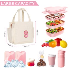 Joymee Leather Lunch Box Lunch Bag for Women Adult Insulated Reusable Leakproof Large Spacious Lunch Cooler Lunch Tote Bag with Bottle Holder and Side Pockets for Work Picnic Beach (Letter S)