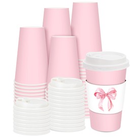 FYSUIMU 50 Sets Pink Coffee Cups with Lids and Watercolor Bow Sleeves 16oz Bowknot Paper Cups Disposable To Go Coffee Cups for Birthday Baby Shower Bachelorette Party