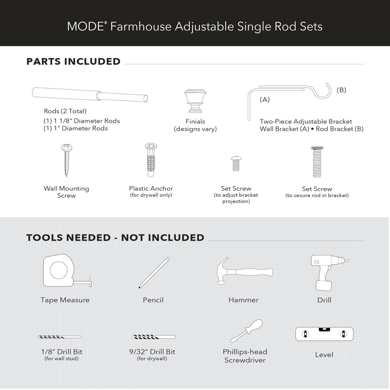 MODE Farmhouse Collection 1 1/8" Diameter Curtain Rod Set with