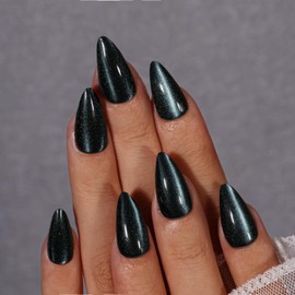 KQueenest Dark Gray Cat Eye Press on Nails Almond Medium, Bling Black False Nails with Glue, Glazed Sparkly Fake Nails Press ons, Reusable Soft Gel Stick on Nail for Women Gothic Decoration, 30 Pcs