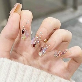 Hkanlre Long Gradient Fake Coffin Nails Tips Press on Nails Full Cover Nude Crystal False Nails for Women 24PCS