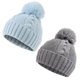 Zsedrut Baby Winter hat Girls Boys Warm Twist Beanie Infant Knitted Beanie with Pompom (SkyBlue+Gray,0-6 Months)