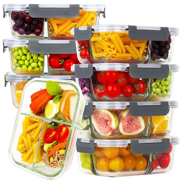 Bayco 8 Pack Glass Meal Prep Containers 3 Compartment, Glass