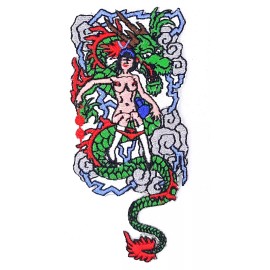 Green Dragon & Nude Girl Iron On Embroidered Patch 4"X 2 7/8"
