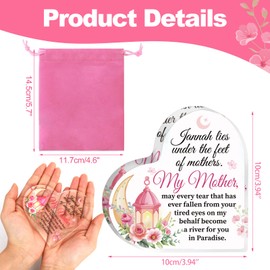 DPKOW Islamic Gifts for Mum, Mothers Day Gifts for Mum, Heart Shaped Moon Floral Acrylic Plaque Decoration Ramadan Eid Gifts for Mum, Mum Birthday Gifts, Jannah lies beneath the mother's feet