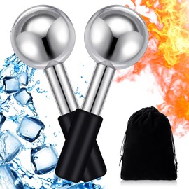 Baderke 2 Bolas de Hielo Faciales de Acero Inoxidable, Irrompibles, para El Cuidado de La Piel Facial, para Ojeras E Hinchazón (Plateadas, Mango Negro)