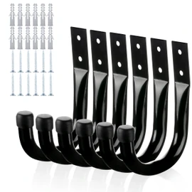 KURUI Metal Wall Hooks for Hanging Heavy Duty, 6Pcs Garage Organization and Storage Hook for Extension Cord Tool Coat Backpack Bag, Large Utility J Hooks, Black Wall Mount Hanges for Outdoor Indoor