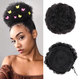 1PC Afro Puff Natural Black Drawstring Ponytail Human Hair Buns for Girls Kids Black Women Middle Size Kinky Curly Buns Hairpieces 6 Inch 40G