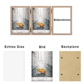 AVEAX Picture Frame for 3 Photos 10 x 15 cm Hinged Wooden Photo Frame with Glass Front, Wood Grain