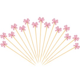 BOXOB 100pcs Pink Bow Cocktail Picks, 4.92in Toothpicks Wooden Food Swizzle Sticks Bowknot Cocktail Topper Bow Appetizer Skewers for Fruit Drink Dessert Wedding Bachelorette Party Decoration Supplies