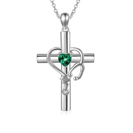 SLIACETE 925 Sterling Silver Stethoscope Cross Necklace with Birthstone for Women Girls Medical Student Graduation Jewelry Gifts for Nurses Doctors, May