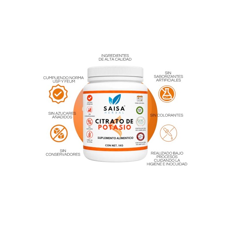 Citrato Potasio Puro Grado Alimenticio Saisa Herbal Electrolito Natural Apoyo