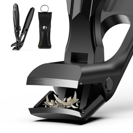 FVION Angled Head Toe Nail Clippers for Thick Nails - Ergonomic Long Handle Toenail Clippers for Seniors with Safety Lock, Stainless Steel Finger Nail Clippers with Catcher for Men and Women (Black)