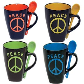 Rockin Mugs Coffee Cup Peace Sign Gifts Matte Black with Neon Interior Set of 4 Ceramic 12 Ounce Novelty Coffee Mugs, Fun Home and Kitchen Decor (Set of 4 Assorted Colors)